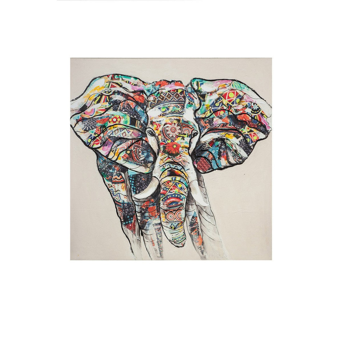 Hout/linnen schilderij "Kleurrijke Olifant"