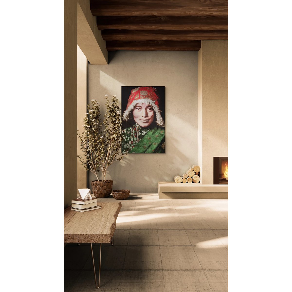 Gobelin geweven wandtapijt 120/180 Tibetaanse vrouw WH1132 uitgerekt op een draagbalk