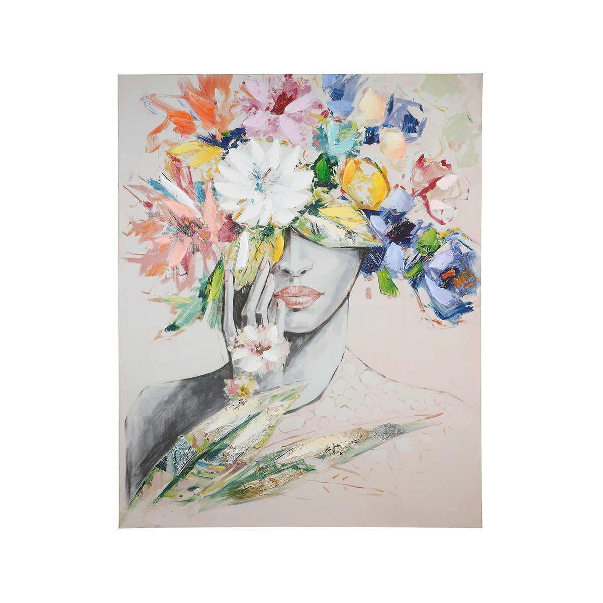 Hout/linnen schilderij "Vrouw met bloemenhoed"