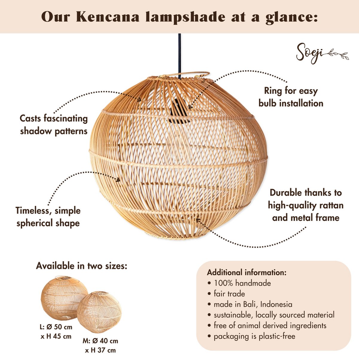 Round Rattan Lampshade - Boho hanglamp Modern - Handgemaakte plafondlamp - Sferische natuurlijke hanglamp (Ø 40/50 cm) Kencana