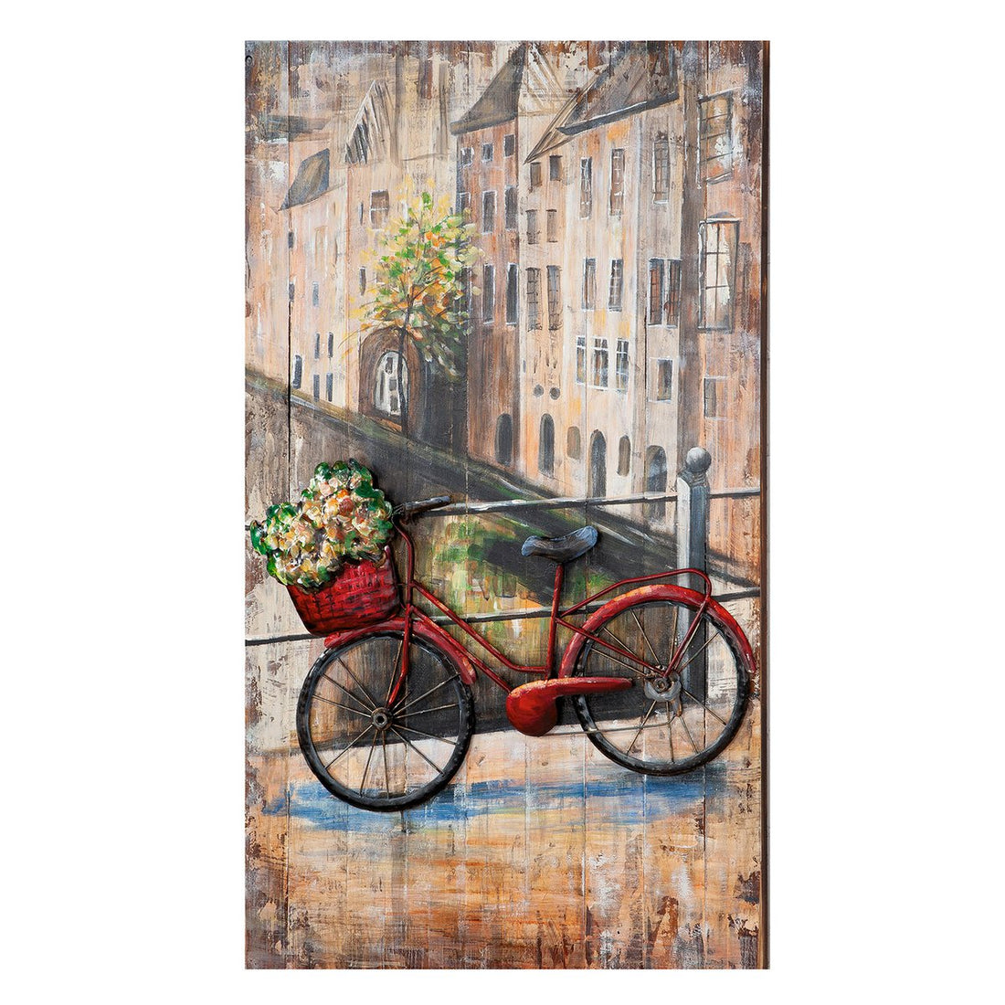 Metalen afbeelding "Bloemenfiets" op hout