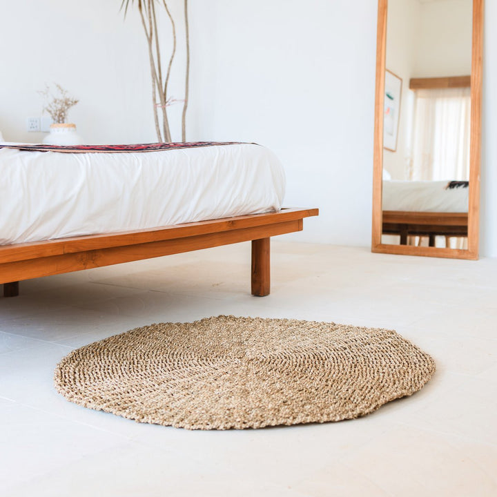 Zeegrasvloerkleed rond 100/120 cm – vloerkleed in bohostijl – rond vloerkleed naturel – handgeweven beige natuurvloerkleed (2 maten) LOKA