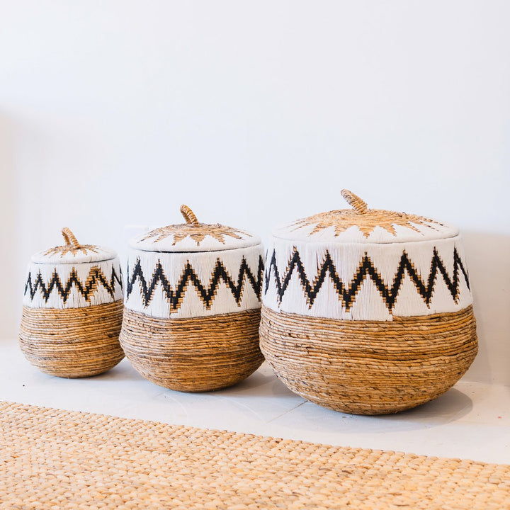 Wasmand met deksel – Boho Wasmand Rond – Grote Boho Mand – Geweven Mand met Katoenpatroon PALEM (3 maten Ø33/43/55cm)