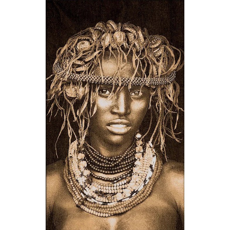 Gobelin geweven wandtapijt 120/180 Dassanech Girl Sepia WH 1975 uitgerekt op een draagbalk