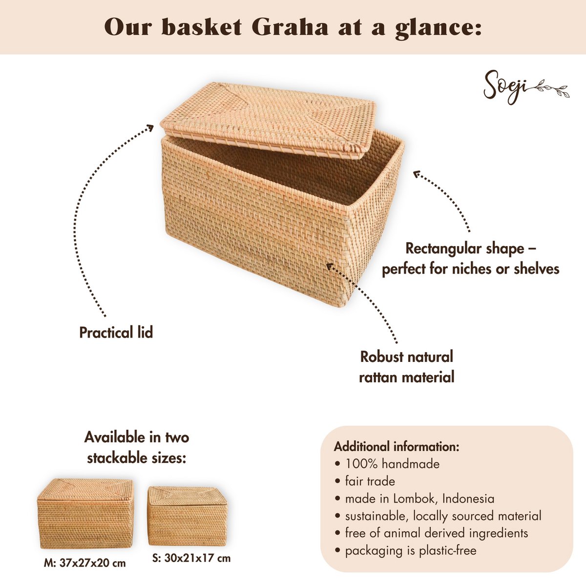 Opbergmand met deksel – Plankmand gemaakt van beige rotan – Handgeweven decoratieve mand GRAHA (2 maten)