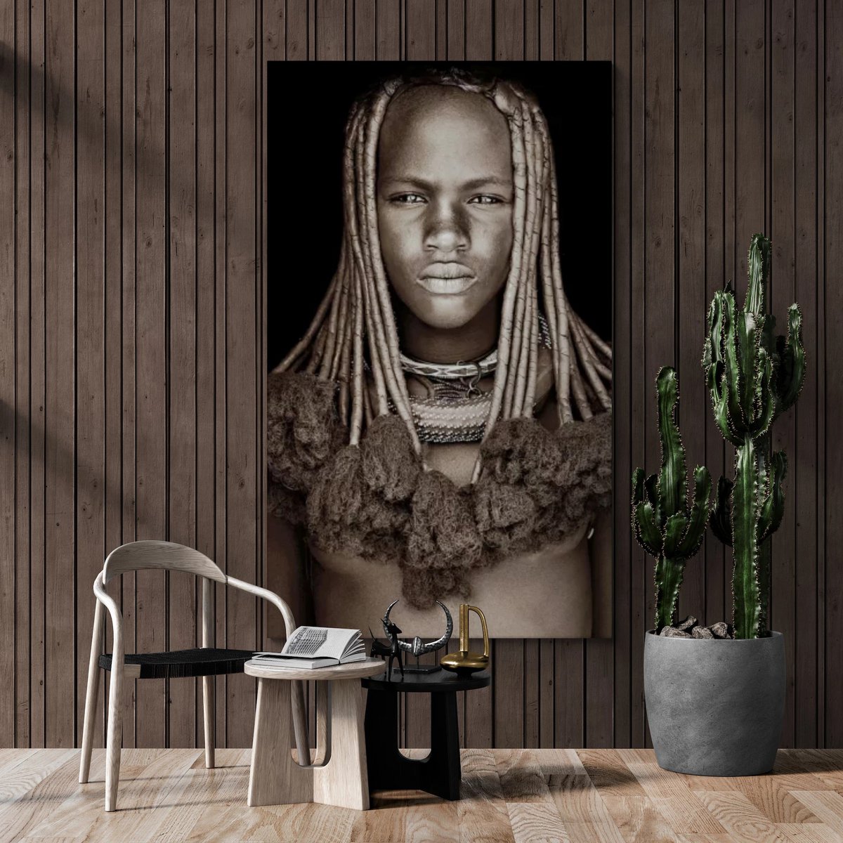 Gobelin geweven wandtapijt 120/180 Himba Girl Namibië WH1870 uitgerekt op een draagbalk