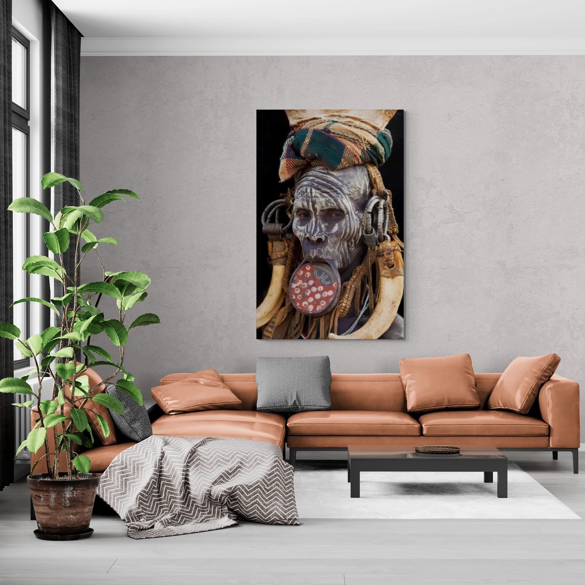 Gobelin geweven wandtapijt 120/180 Mursi vrouw Ethiopië WH1913 uitgerekt op een draagbalk