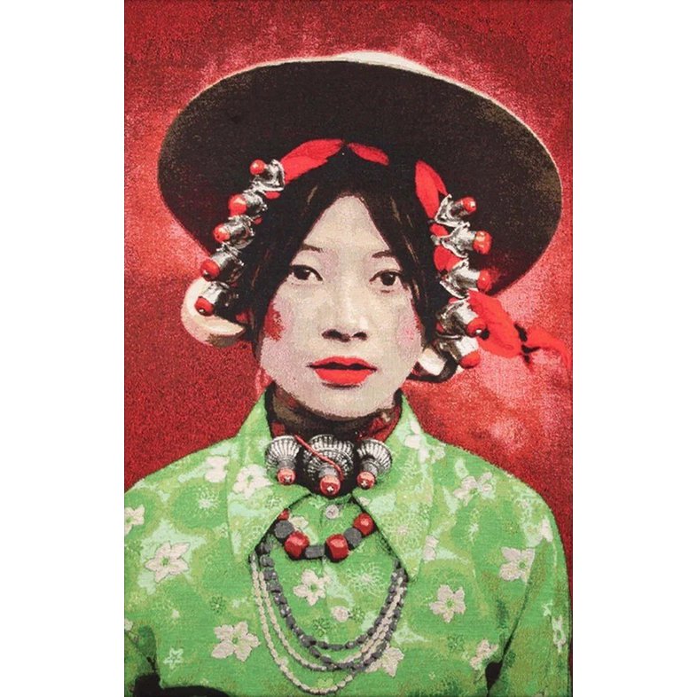 Gobelin geweven wandtapijt 120/180 cm Tibetaans meisje WH1130 uitgerekt op een draagbalk