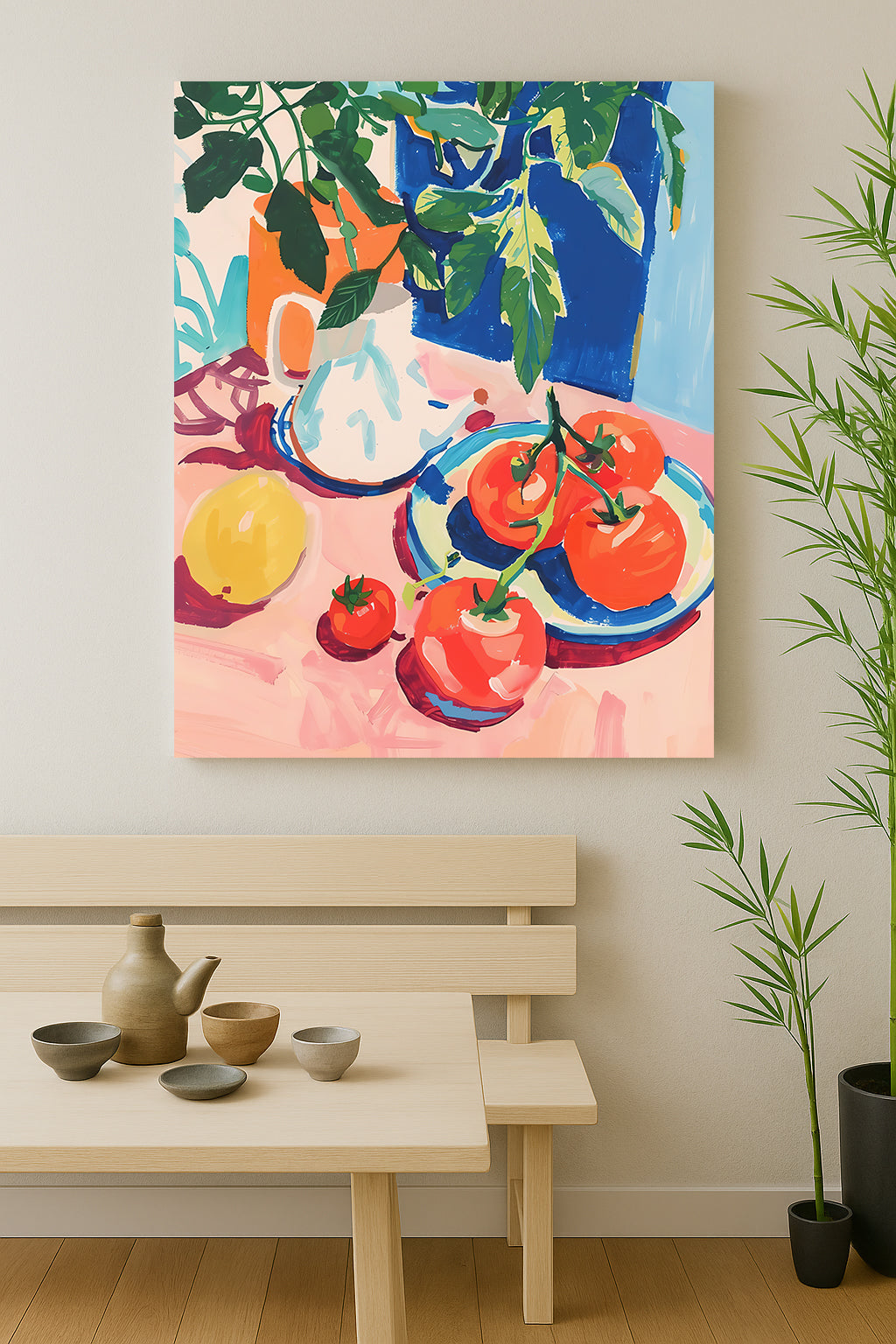 Tomatenstilleven – Zomerse Illustratie met Citroen en Kruik